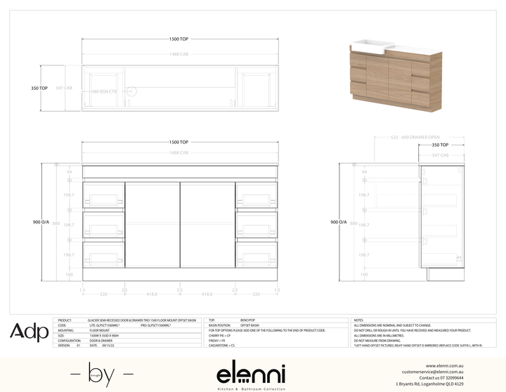 Glacier Semi-Recessed, Door &amp; Drawer 1500 Trio FM, Benchtop Offset Bowl - Elenni specification drawing