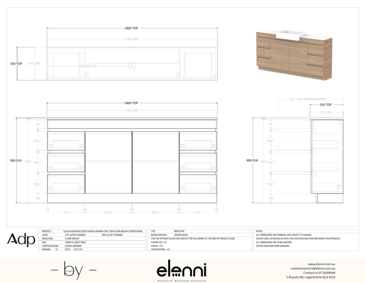 Glacier Semi-Recessed, Door &amp; Drawer 1800 Trio FM, Benchtop Centre Bowl - Elenni specification drawing