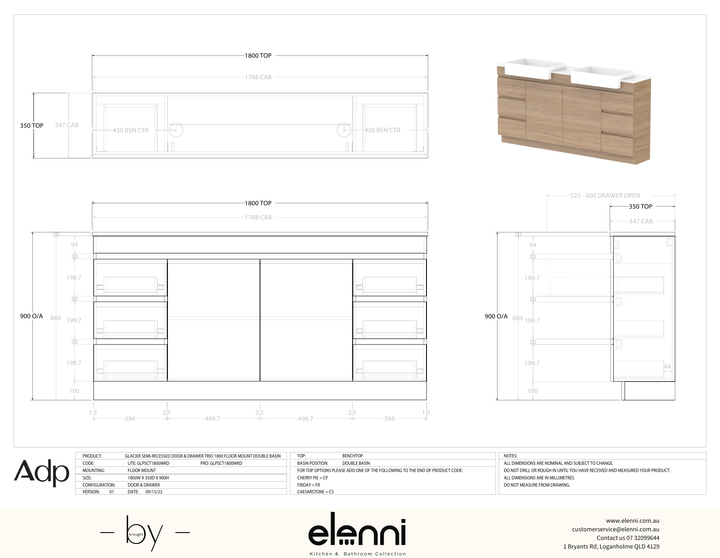 Glacier Semi-Recessed, Door &amp; Drawer 1800 Trio FM, Benchtop Double Bowl - Elenni specification drawing