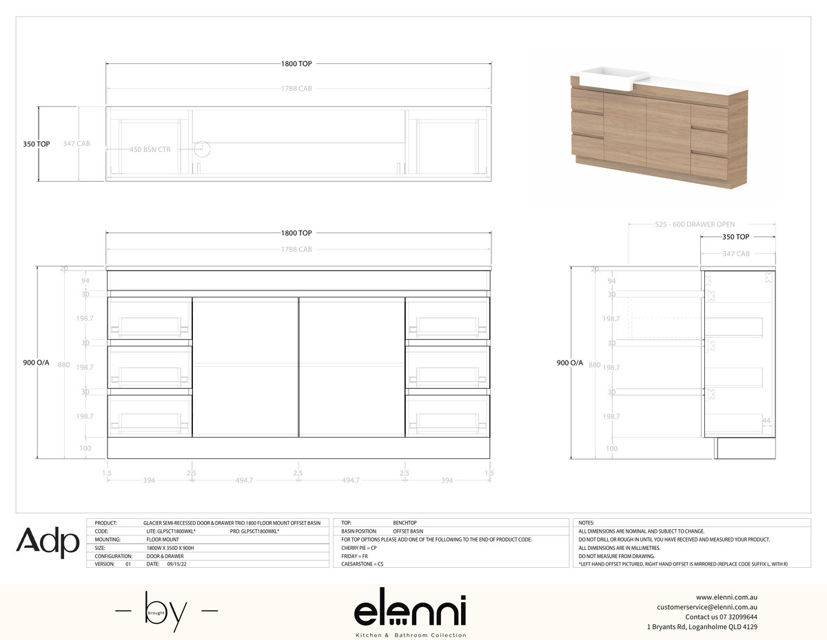 Glacier Semi-Recessed, Door &amp; Drawer 1800 Trio FM, Benchtop Offset Bowl - Elenni specification drawing