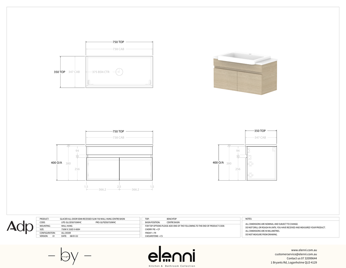 Glacier Semi-Recessed, All-Door 750 Slim WH, Benchtop Centre Bowl - Elenni specification drawing