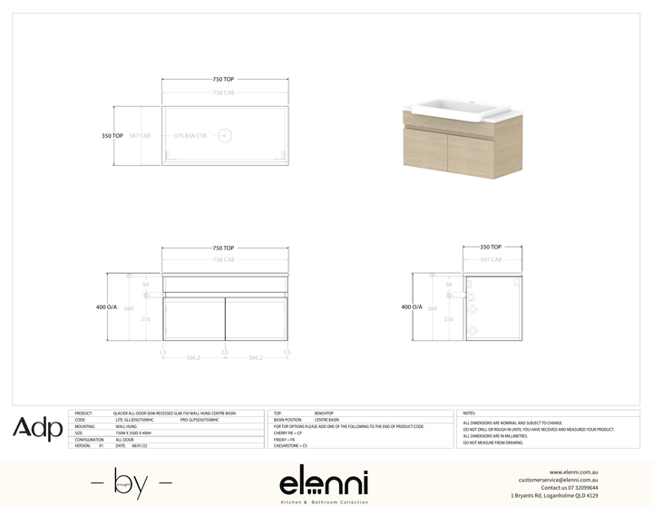 Glacier Semi-Recessed, All-Door 750 Slim WH, Benchtop Centre Bowl - Elenni specification drawing