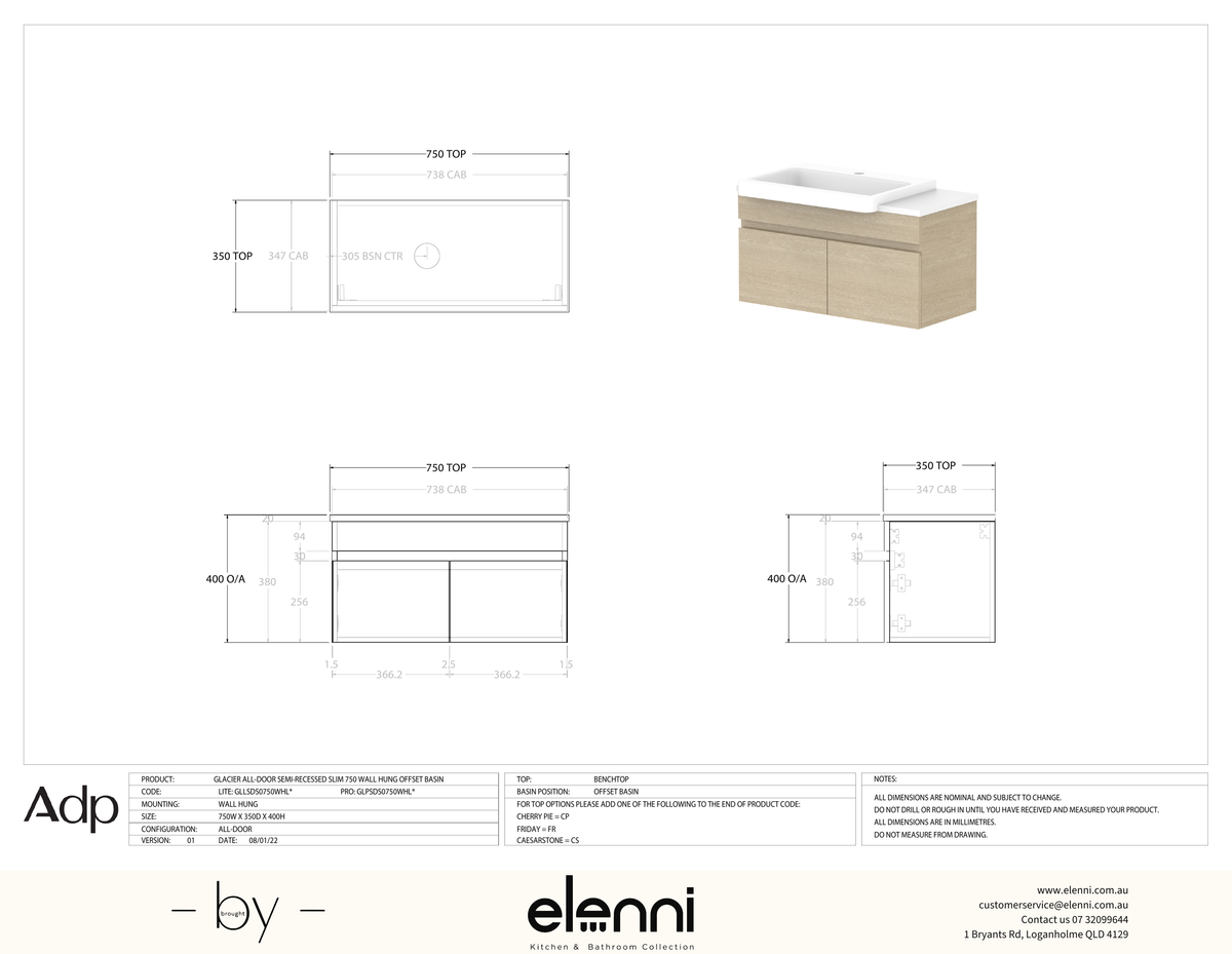 Glacier Semi-Recessed, All-Door 750 Slim WH, Benchtop Offset Bowl - Elenni specification drawing