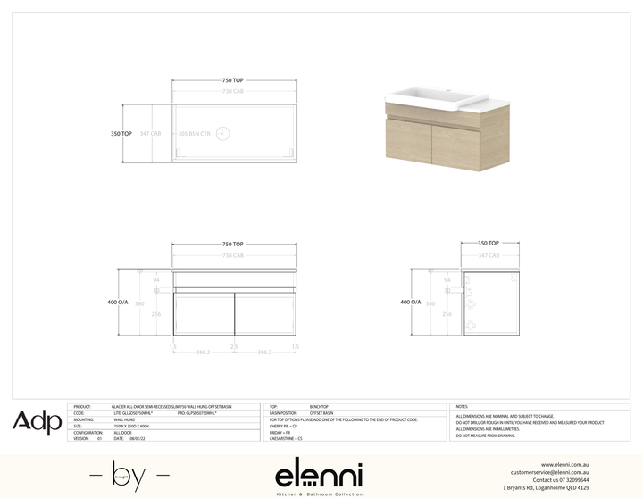 Glacier Semi-Recessed, All-Door 750 Slim WH, Benchtop Offset Bowl - Elenni specification drawing