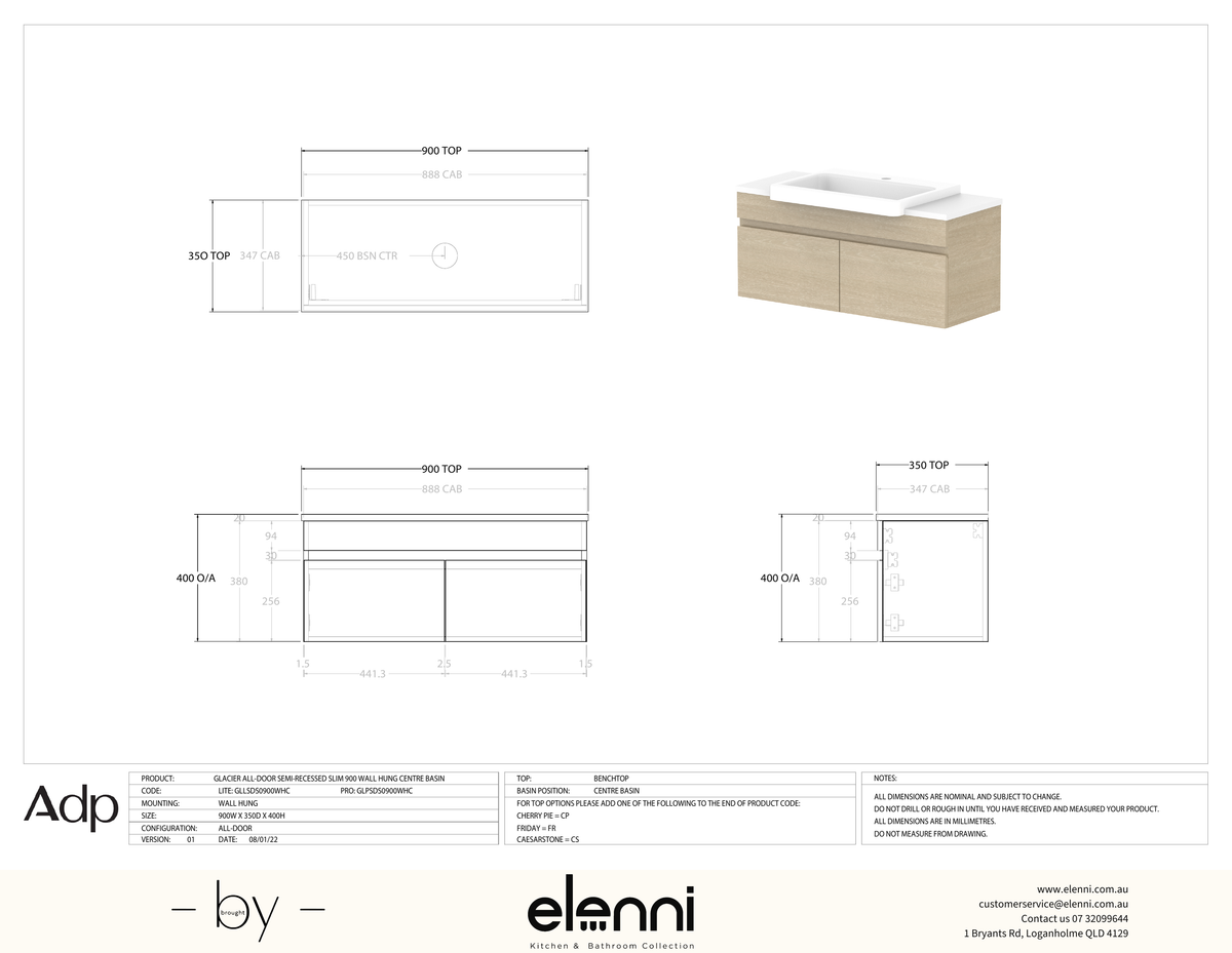 Glacier Semi-Recessed, All-Door 900 Slim WH, Benchtop Centre Bowl - Elenni specification drawing
