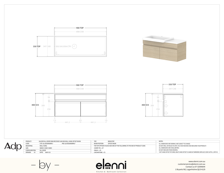 Glacier Semi-Recessed, All-Door 900 Slim WH, Benchtop Offset Bowl - Elenni specification drawing