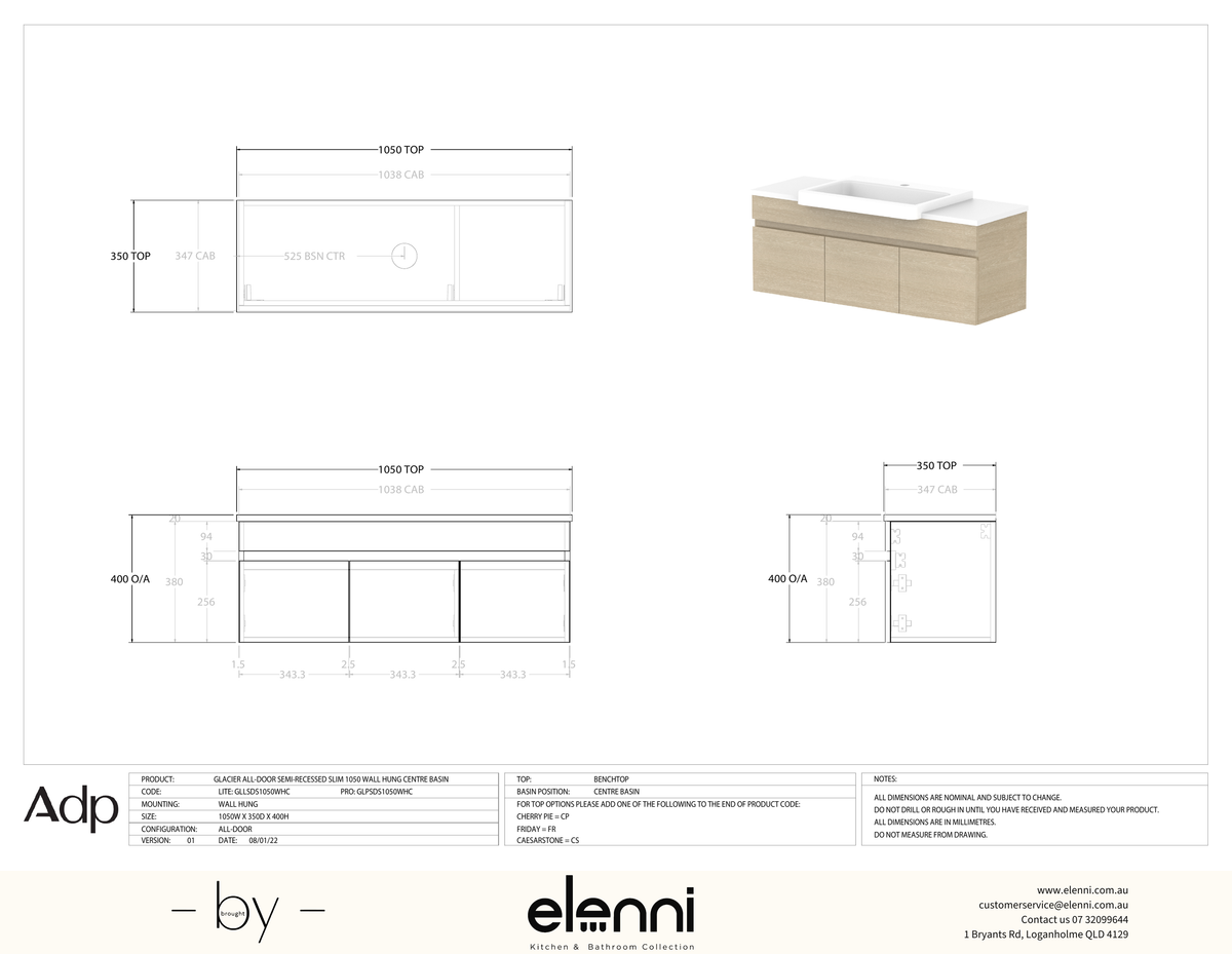 Glacier Semi-Recessed, All-Door 1050 Slim WH, Benchtop Centre Bowl - Elenni specification drawing