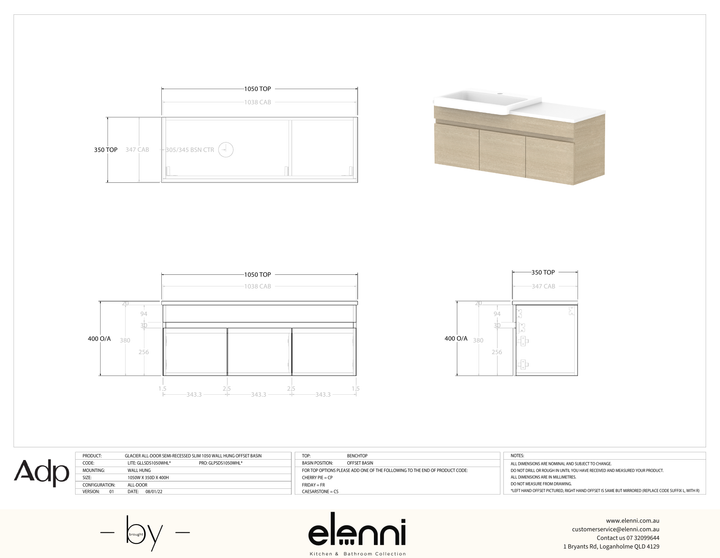 Glacier Semi-Recessed, All-Door 1050 Slim WH, Benchtop Offset Bowl - Elenni specification drawing