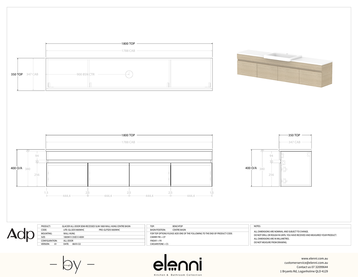 Glacier Semi-Recessed, All-Door 1800 Slim WH, Benchtop Centre Bowl - Elenni specification drawing