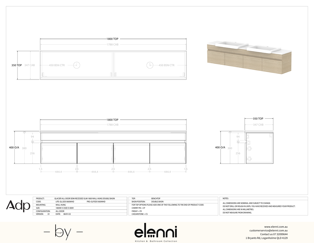 Glacier Semi-Recessed, All-Door 1800 Slim WH, Benchtop Double Bowl - Elenni specification drawing
