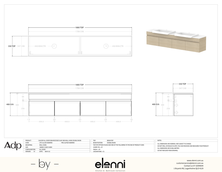 Glacier Semi-Recessed, All-Door 1800 Slim WH, Benchtop Double Bowl - Elenni specification drawing