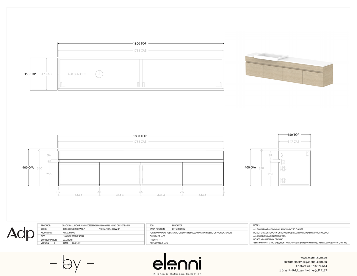 Glacier Semi-Recessed, All-Door 1800 Slim WH, Benchtop Offset Bowl - Elenni specification drawing