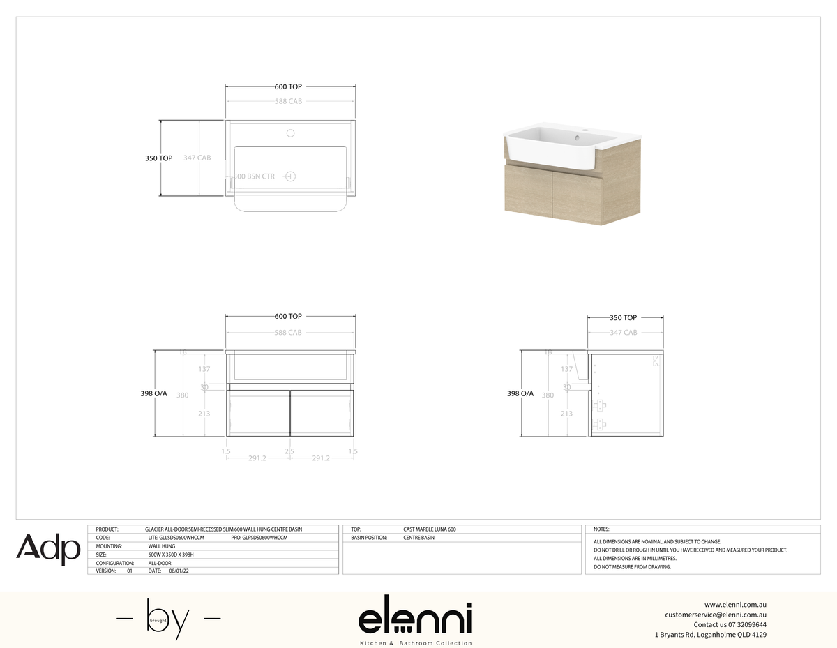Glacier Semi-Recessed, All-Door 600 Slim WH, Cast Marble Centre Bowl - Elenni specification drawing