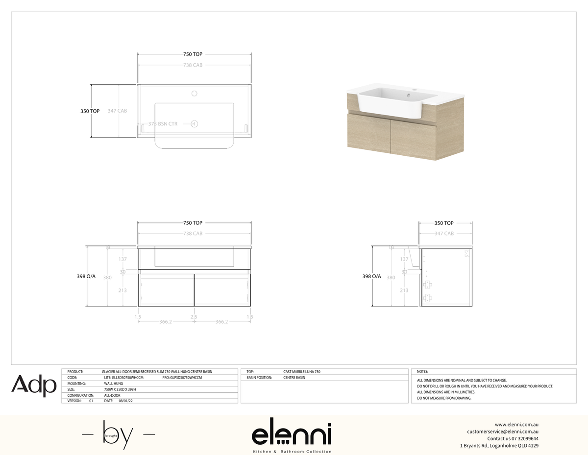 Glacier Semi-Recessed, All-Door 750 Slim WH, Cast Marble Centre Bowl - Elenni specification drawing