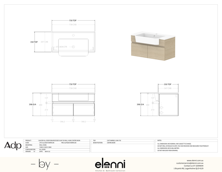 Glacier Semi-Recessed, All-Door 750 Slim WH, Cast Marble Centre Bowl - Elenni specification drawing