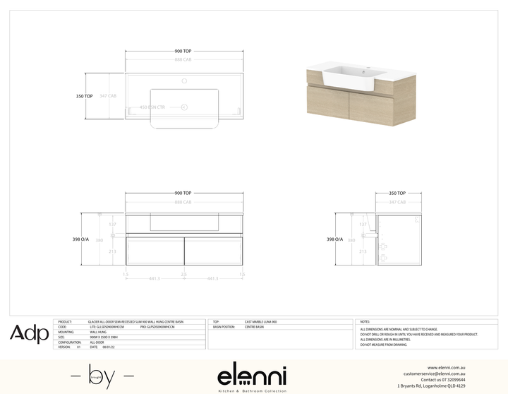 Glacier Semi-Recessed, All-Door 900 Slim WH, Cast Marble Centre Bowl - Elenni specification drawing
