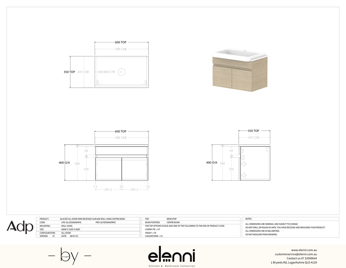 Glacier Semi-Recessed, All-Door 600 Slim WH, Benchtop Centre Bowl - Elenni specification drawing