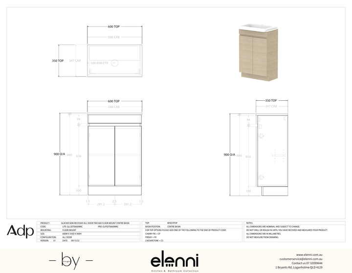 Glacier Semi-Recessed, All-Door 600 Trio FM, Benchtop Centre Bowl - Elenni specification drawing