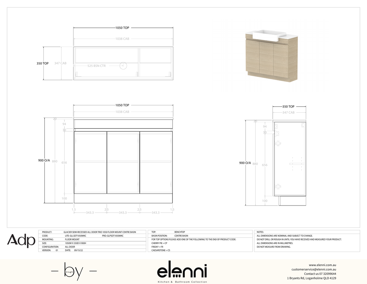 Glacier Semi-Recessed, All-Door 1050 Trio FM, Benchtop Centre Bowl - Elenni specification drawing