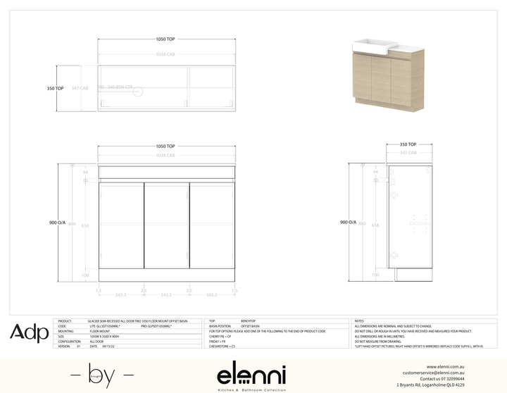 Glacier Semi-Recessed, All-Door 1050 Trio FM, Benchtop Offset Bowl - Elenni specification drawing