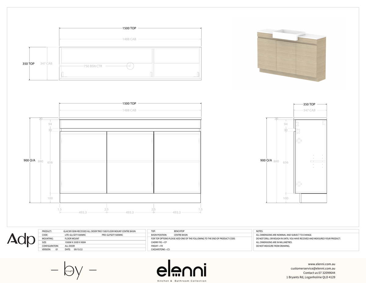 Glacier Semi-Recessed, All-Door 1500 Trio FM, Benchtop Centre Bowl - Elenni specification drawing