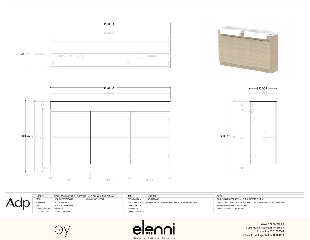 Glacier Semi-Recessed, All-Door 1500 Trio FM, Benchtop Double Bowl - Elenni specification drawing