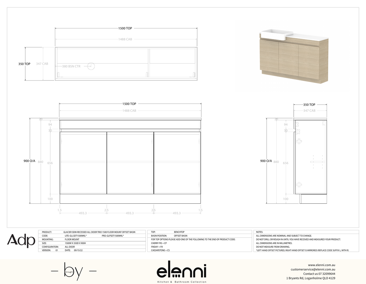 Glacier Semi-Recessed, All-Door 1500 Trio FM, Benchtop Offset Bowl - Elenni specification drawing