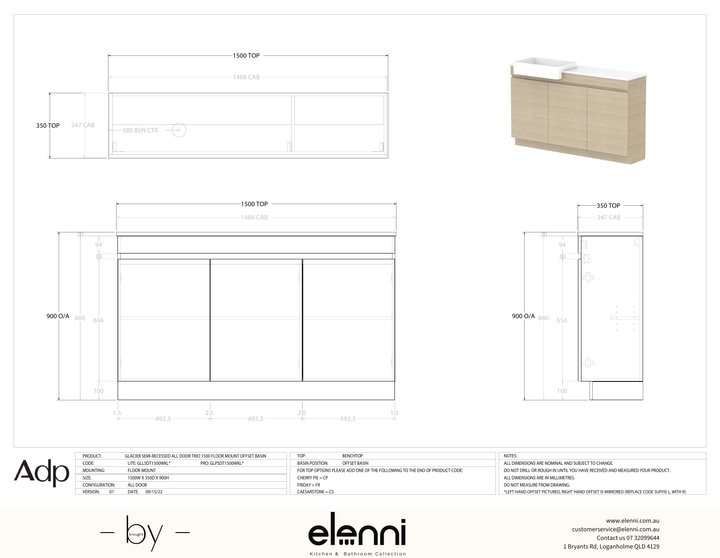 Glacier Semi-Recessed, All-Door 1500 Trio FM, Benchtop Offset Bowl - Elenni specification drawing