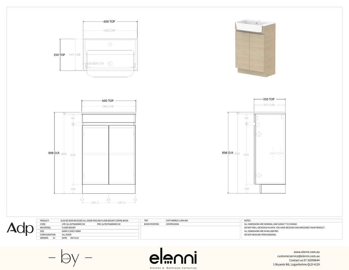 Glacier Semi-Recessed, All-Door 600 Trio FM, Cast Marble Centre Bowl - Elenni specification drawing