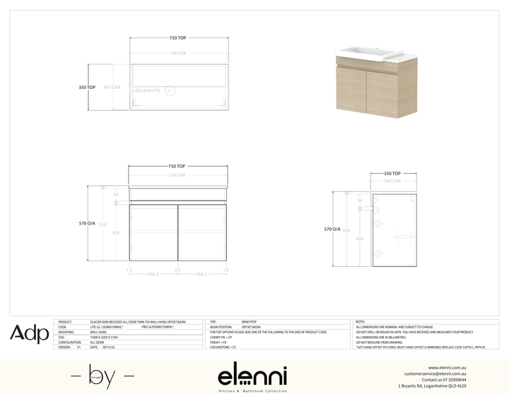 Glacier Semi-Recessed, All-Door 750 Twin WH, Benchtop Offset Bowl - Elenni specification drawing