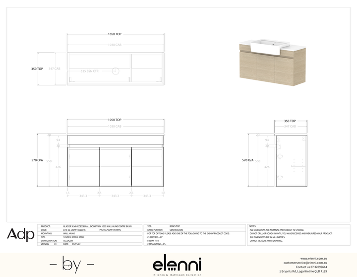 Glacier Semi-Recessed, All-Door 1050 Twin WH, Benchtop Centre Bowl - Elenni specification drawing