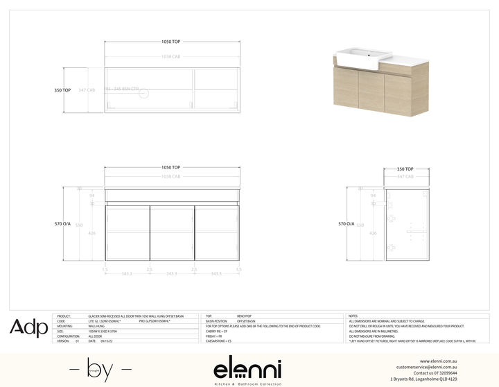 Glacier Semi-Recessed, All-Door 1050 Twin WH, Benchtop Offset Bowl - Elenni specification drawing