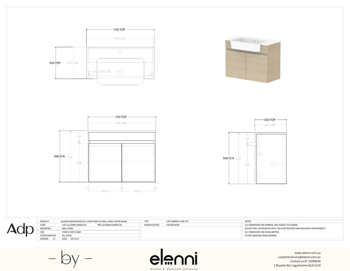 Glacier Semi-Recessed, All-Door 750 Twin WH, Benchtop Centre Bowl - Elenni specification drawing