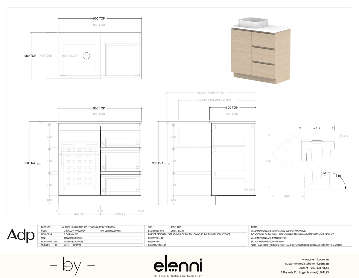 Glacier Hamper, 900 FM, Benchtop Offset Bowl - Elenni specification drawing