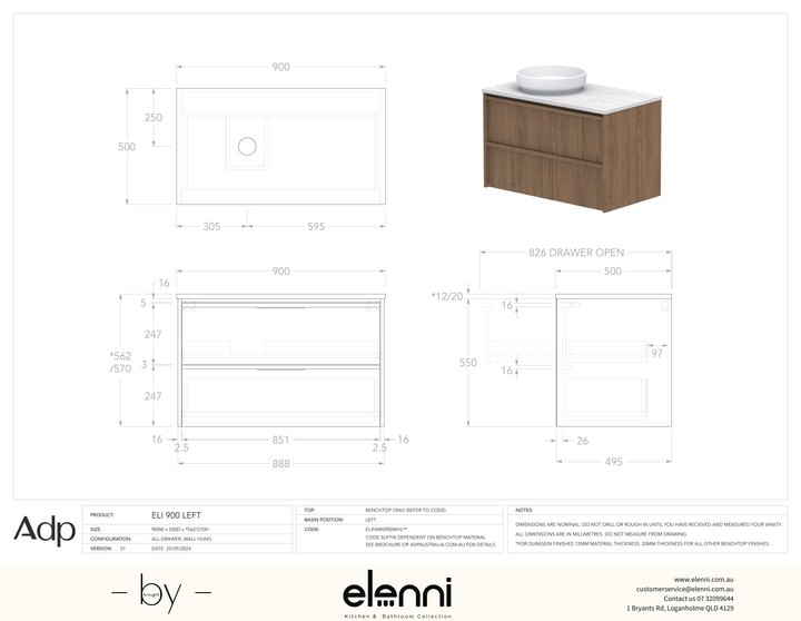 Eli 900 Wall Hung Left Offset, Elenni specification drawing