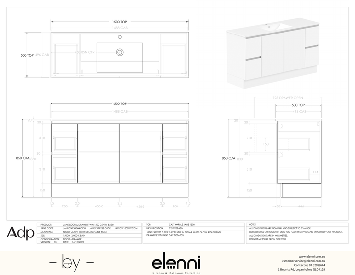 Jane 1500 Centre - Elenni specification drawing