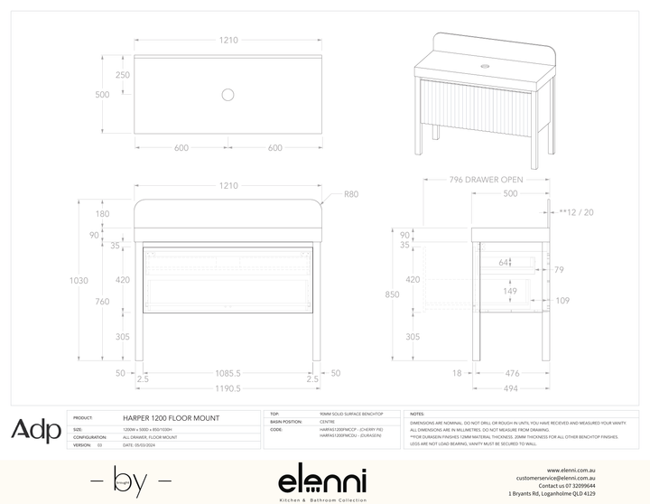 Harper 1200 With Legs (Floor Mount) Centre - Elenni specification drawing