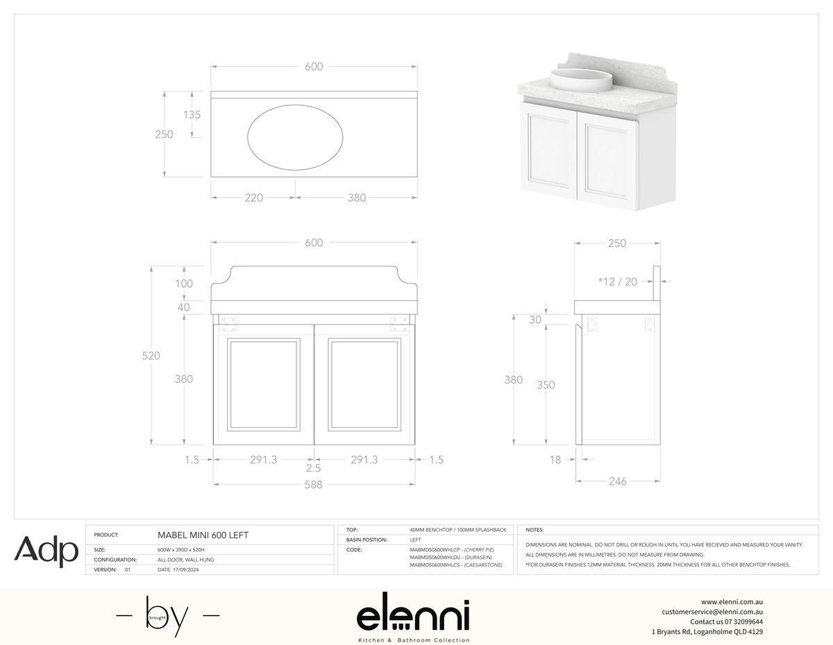 Mabel Mini 600 Wall Hung Left Offset - Elenni specification drawing