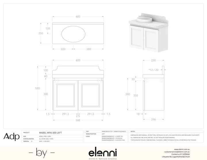 Mabel Mini 600 Wall Hung Left Offset, Elenni specification drawing