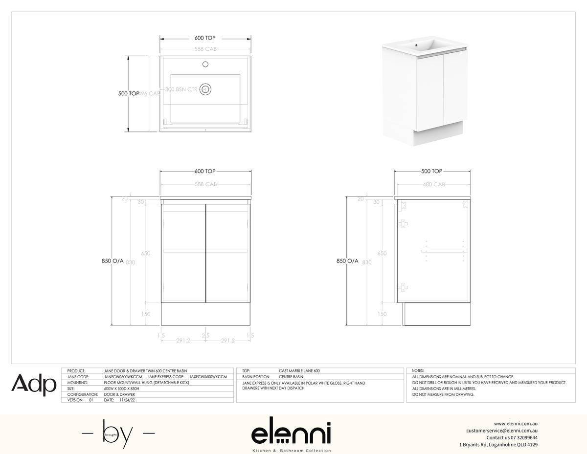 Jane 600 Centre - Elenni specification drawing