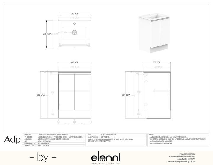 Jane 600 Centre, Elenni specification drawing