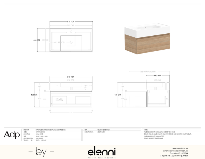 Capri 800 Centre, Elenni specification drawing