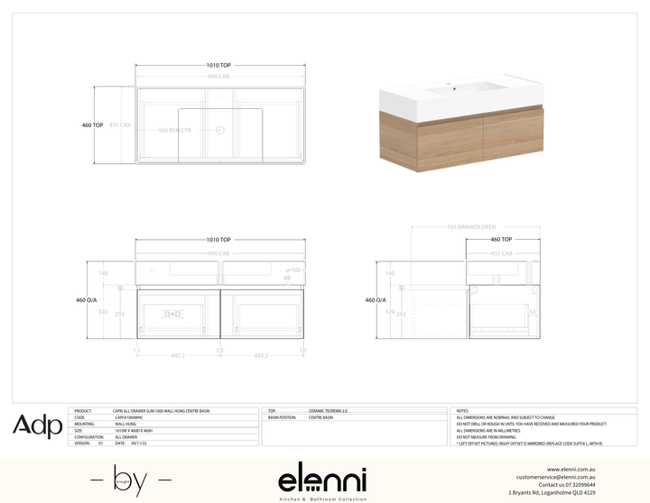 Capri 1000 Centre, Elenni specification drawing