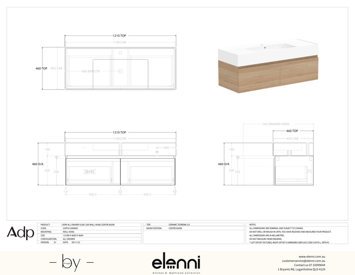 Capri 1200 Centre, Elenni specification drawing