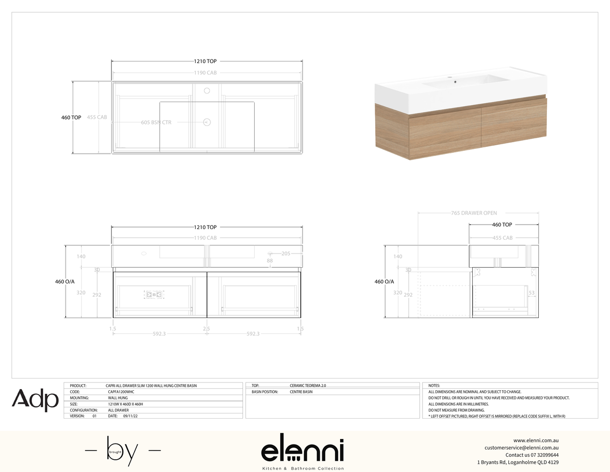 Capri 1200 Centre, Elenni specification drawing