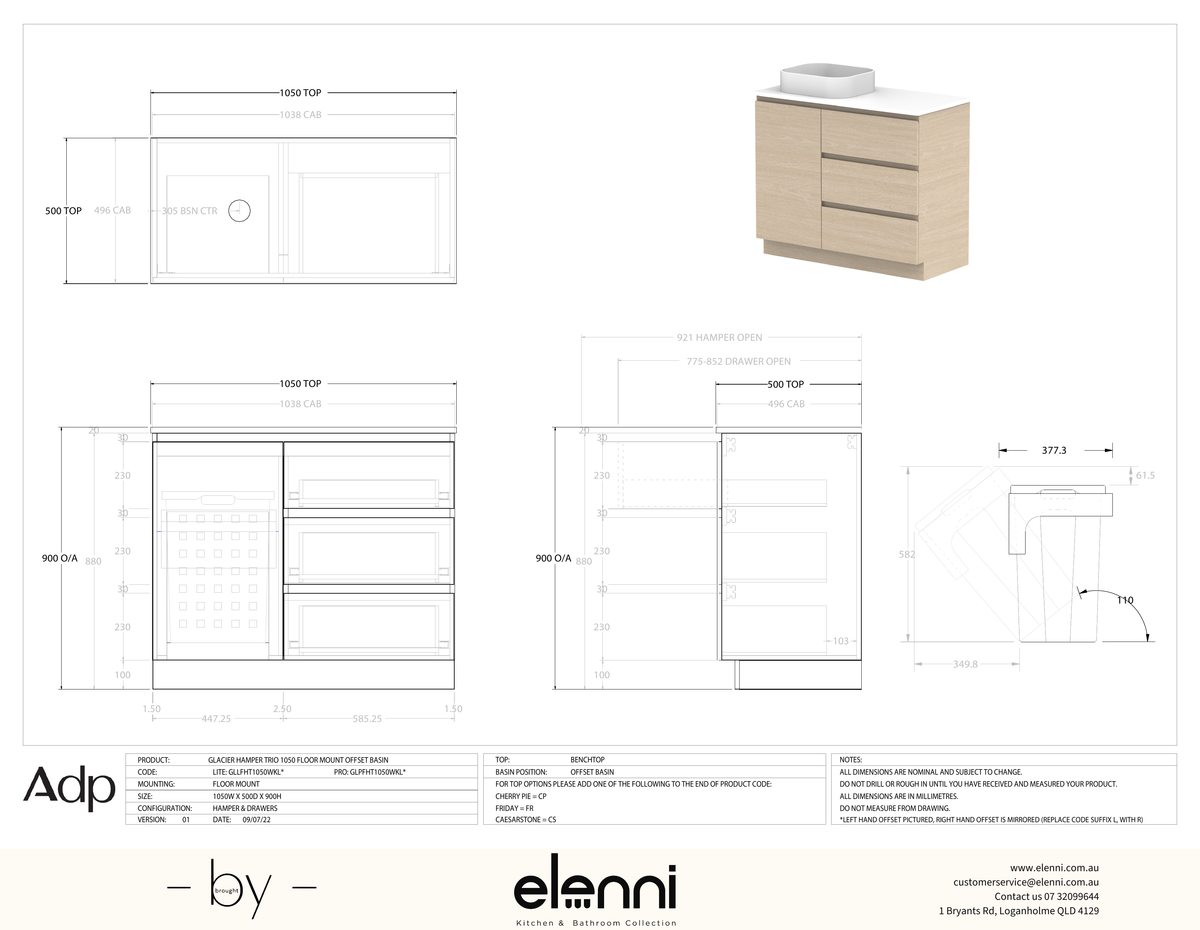 Glacier Hamper, 1050 FM, Benchtop Offset Bowl - Elenni specification drawing