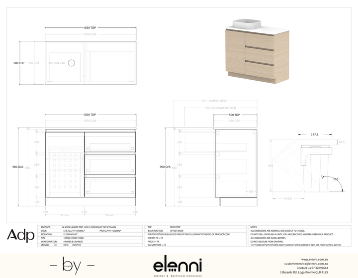 Glacier Hamper, 1050 FM, Benchtop Offset Bowl - Elenni specification drawing