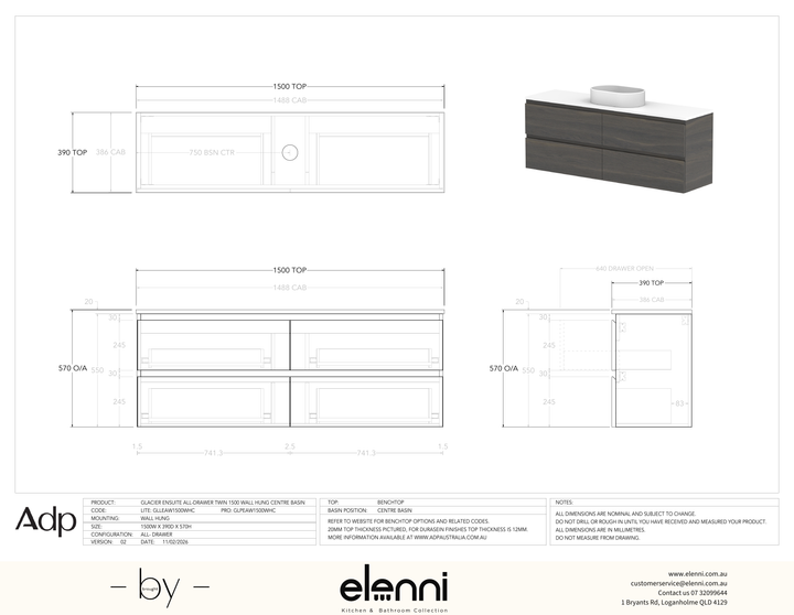 Glacier Ensuite, All-Drawer 1500 Twin WH, Benchtop Centre Bowl - Elenni specification drawing