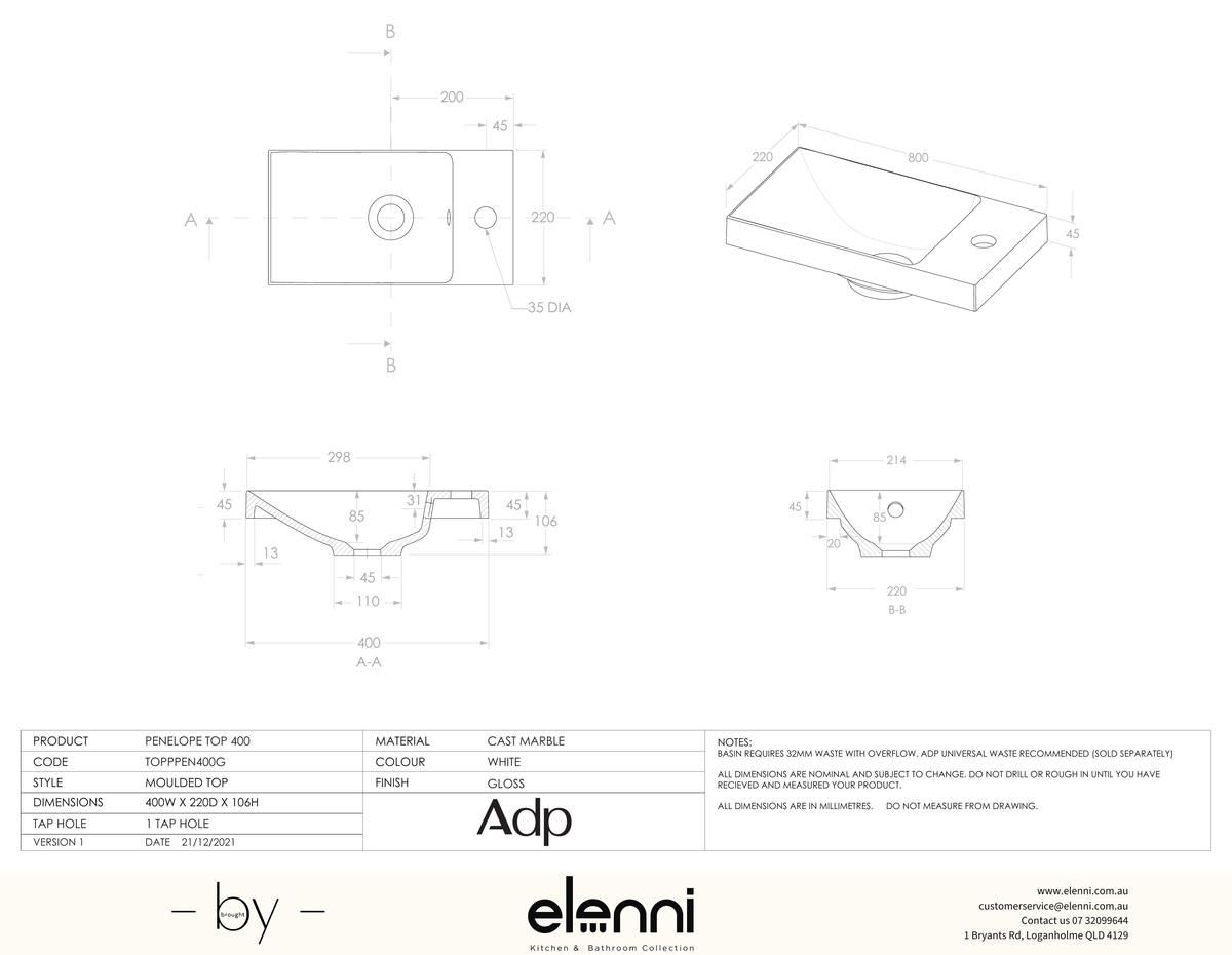 Petite 400 (Penelope) Top, Elenni specification drawing