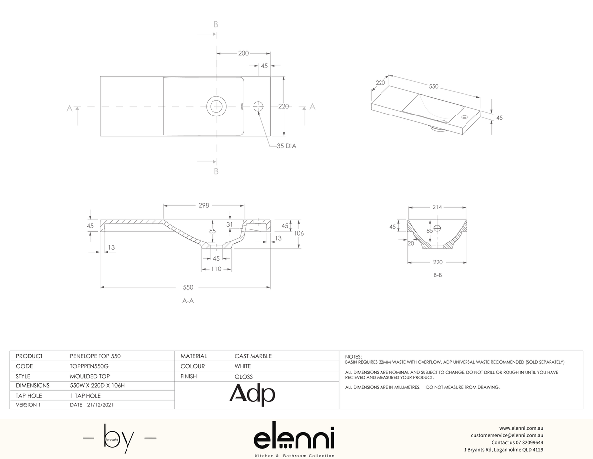 Petite 550 (Penelope) Top, Elenni specification drawing